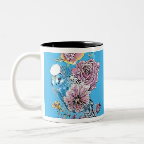 Blue Budgie Budgerigar Rose Watercolor floral art Two_Tone Coffee Mug