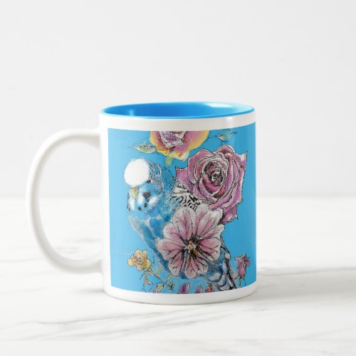 Blue Budgie Budgerigar Rose Watercolor floral art  Two_Tone Coffee Mug