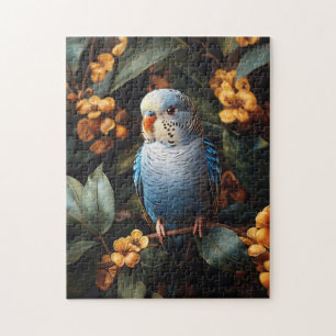 Blue Budgie Budgerigar Yellow Flowers Jigsaw Puzzle