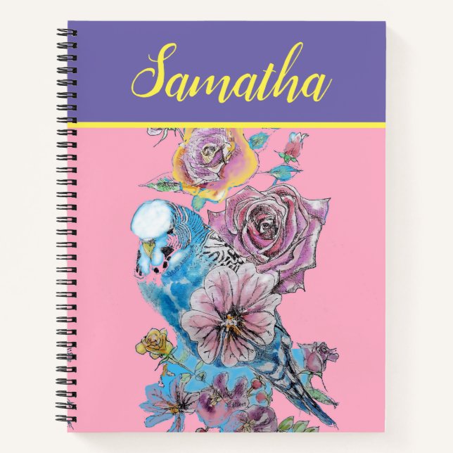 Blue Budgie Budgie Rose Flower Watercolor  Notebook (Front)