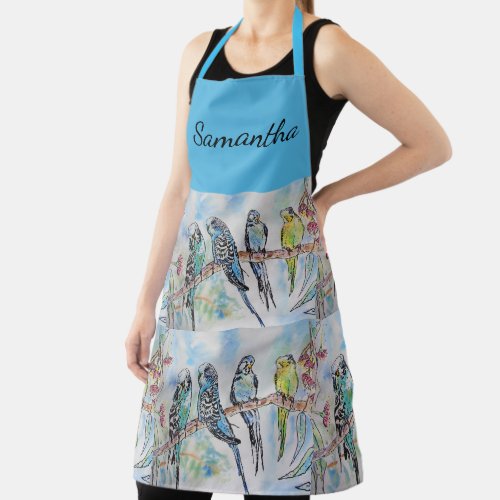 Blue Budgie Budgies Art Watercolor Birds Apron