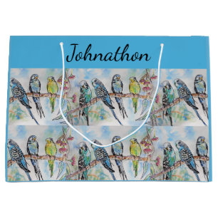 Blue Budgie Budgies Art Watercolor Birds Mens Name Large Gift Bag