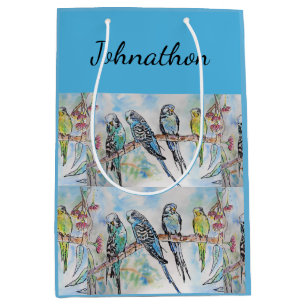 Blue Budgie Budgies Art Watercolor Birds Mens Name Medium Gift Bag
