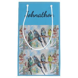 Blue Budgie Budgies Art Watercolor Birds Mens Name Small Gift Bag