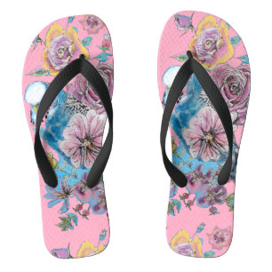 Blue Budgie Budgies Pink Rose Floral Pattern Flip Flops