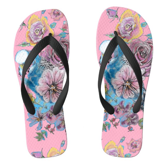 Blue Budgie Budgies Pink Rose Floral Pattern Flip Flops (Footbed)