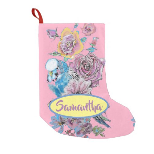 Blue Budgie Budgies Rose Floral Christmas Stocking