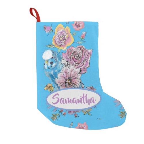 Blue Budgie Budgies Rose Floral Christmas Stocking