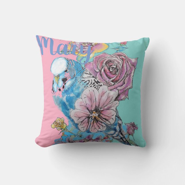 Blue Budgie Budgies Rose Flower floral Cushion (Front)