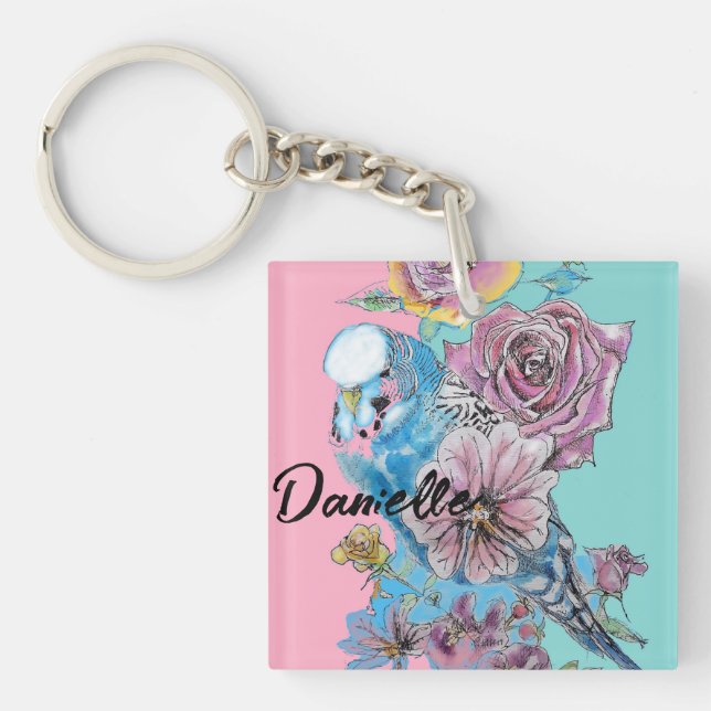 Blue Budgie Budgies Rose Flower floral Key Ring (Front)