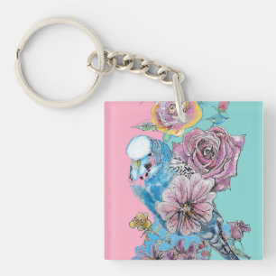 Blue Budgie Budgies Rose Flower floral Key Ring