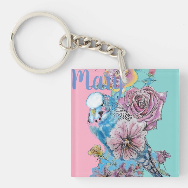 Blue Budgie Budgies Rose Flower floral Key Ring (Front)