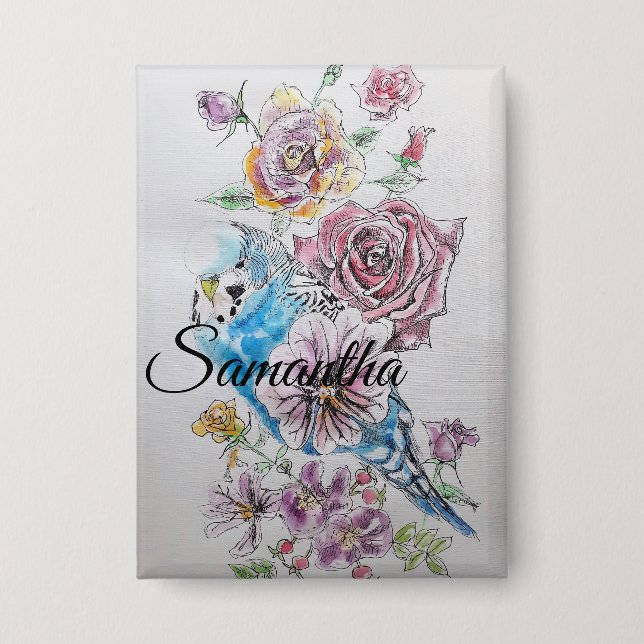 Blue Budgie Budgies Rose Flower floral Key Ring Button (Front)