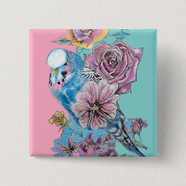 Blue Budgie Budgies Rose Flower floral Key Ring Button (Front)
