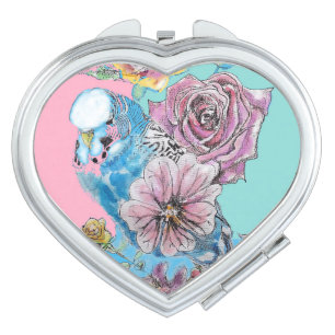 Blue Budgie Budgies Rose Flower floral Key Ring Compact Mirror