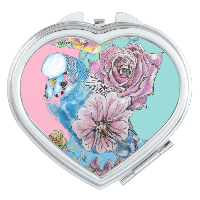Blue Budgie Budgies Rose Flower floral Key Ring Compact Mirror (Front)
