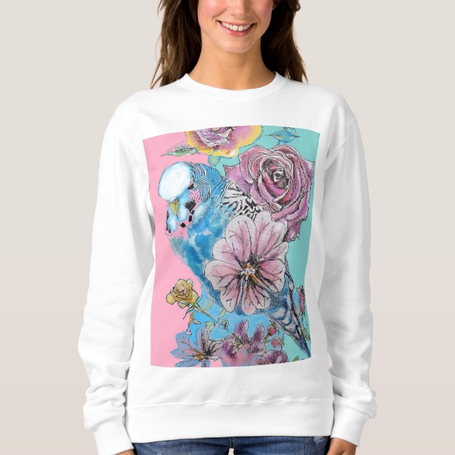 Blue Budgie Budgies Rose Flower floral Key Ring Sweatshirt (Front)