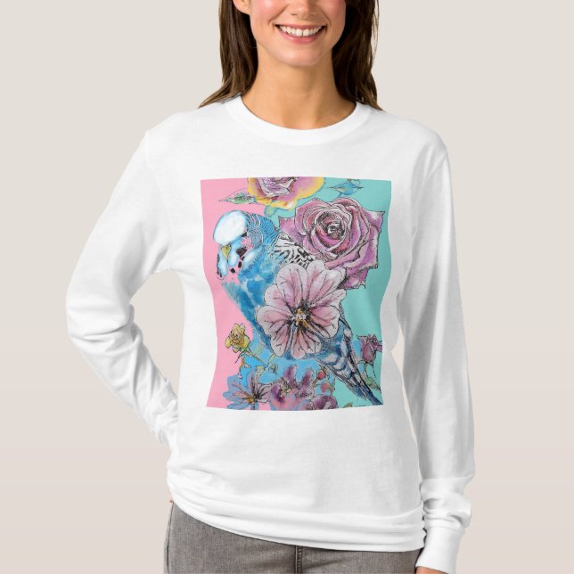 Blue Budgie Budgies Rose Flower floral Key Ring T-Shirt (Front)