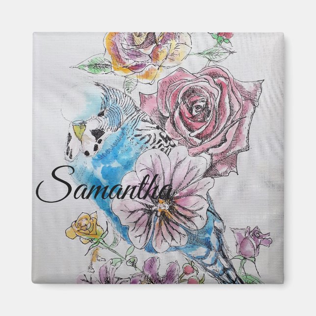 Blue Budgie Budgies Rose Flower floral Magnet (Front)