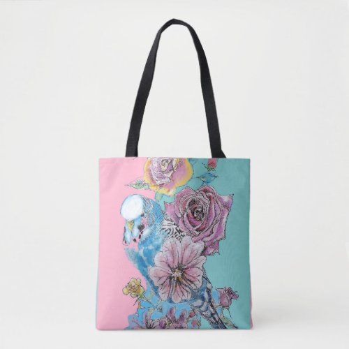 Blue Budgie Budgies Rose Flower floral Tote Bag