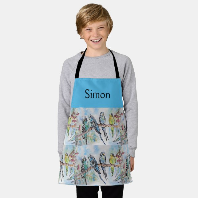 Blue Budgie Budgies Watercolor art Boys Kids Apron (Worn)