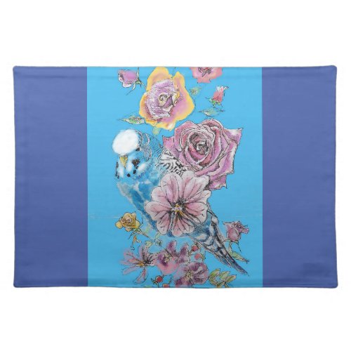 Blue Budgie Cute Whimsical Navy Blue floral Cloth Placemat