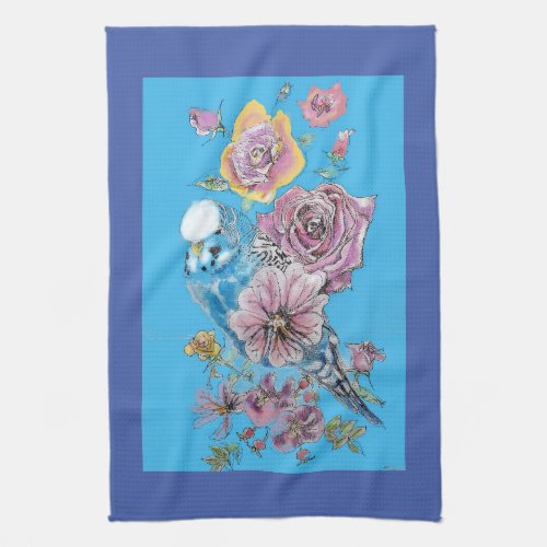 Blue Budgie Cute Whimsical Navy Blue floral Tea Kitchen Towel