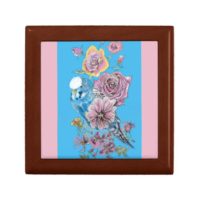 Blue Budgie Cute Whimsical Pink Blue floral Gift Box (Front)