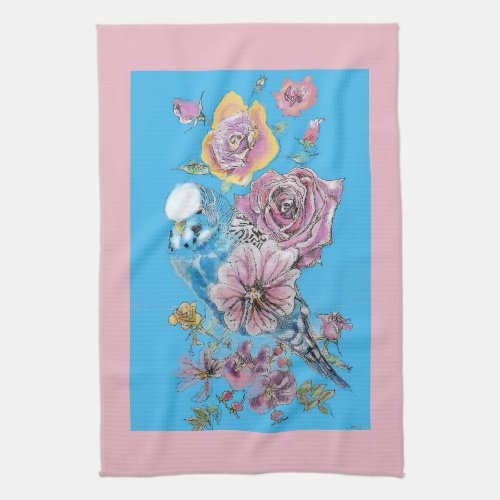Blue Budgie Cute Whimsical Pink Blue floral Kitchen Towel