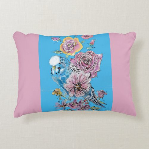 Blue Budgie Cute Whimsical Pink Blue Girls Baby Accent Pillow