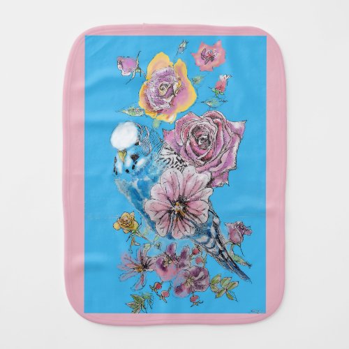 Blue Budgie Cute Whimsical Pink Blue Girls Baby Baby Burp Cloth