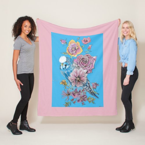 Blue Budgie Cute Whimsical Pink Blue Girls Baby Bl Fleece Blanket