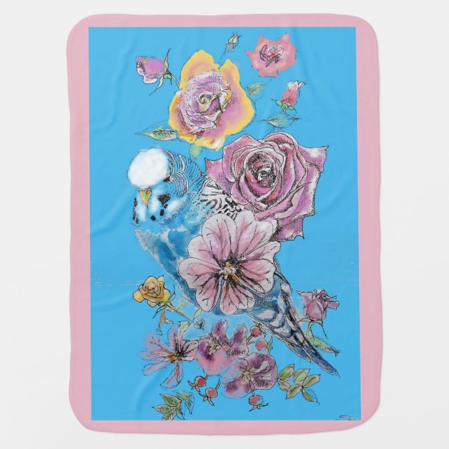 Blue Budgie Cute Whimsical Pink Blue Girls Baby Blanket (Front)
