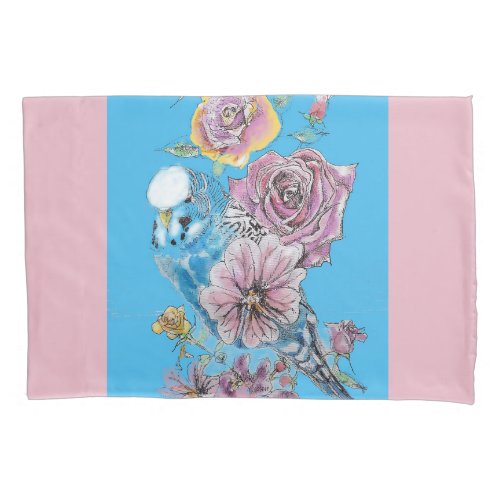 Blue Budgie Cute Whimsical Pink Blue Girls Baby Pillow Case