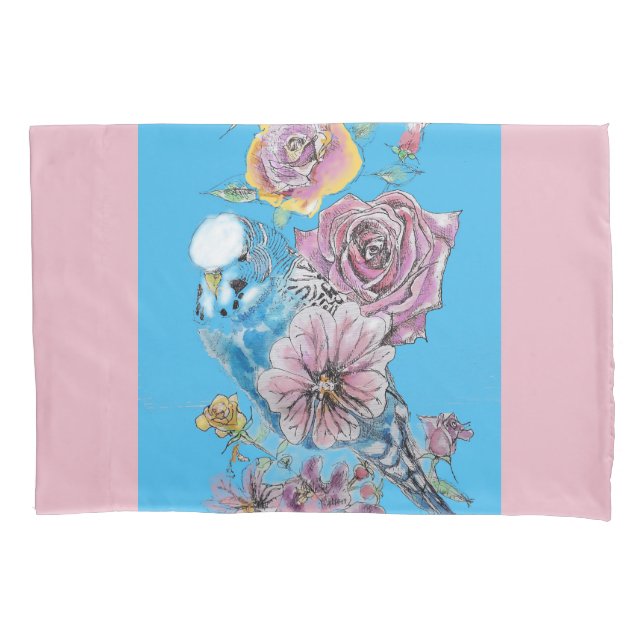 Blue Budgie Cute Whimsical Pink Blue Girls Baby Pillow Case (Front)