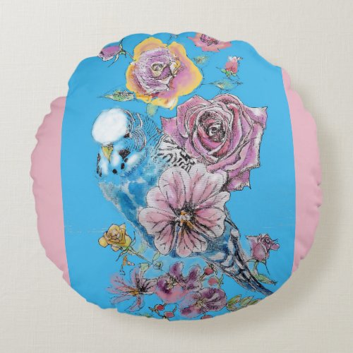 Blue Budgie Cute Whimsical Pink Blue Girls Baby Round Pillow