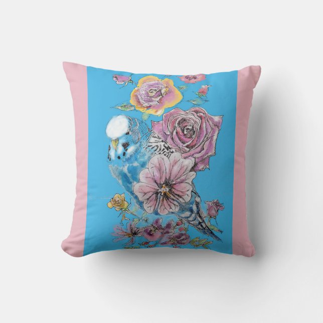 Blue Budgie Cute Whimsical Pink Blue Girls Baby Throw Pillow (Front)