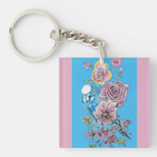 Blue Budgie Cute Whimsical Pink Blue Girls Keychain