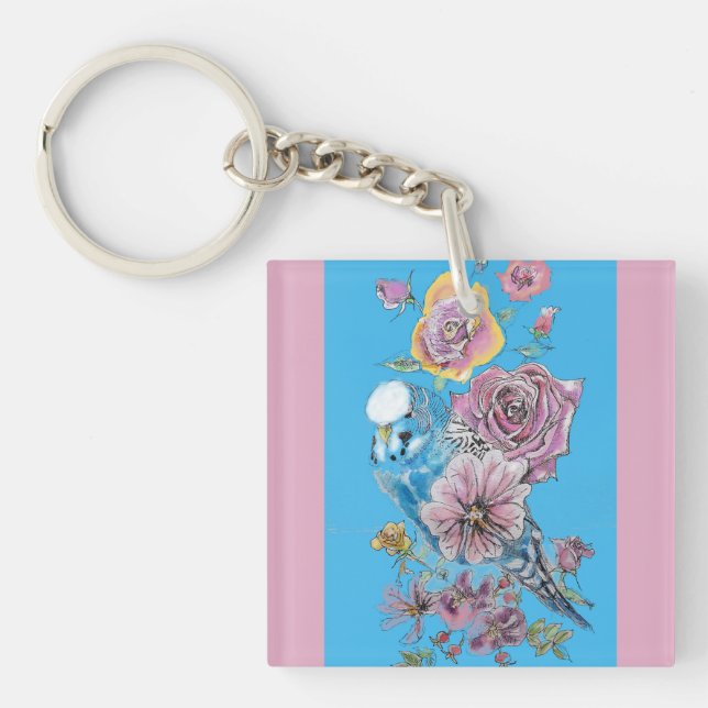 Blue Budgie Cute Whimsical Pink Blue Girls Keychain (Front)