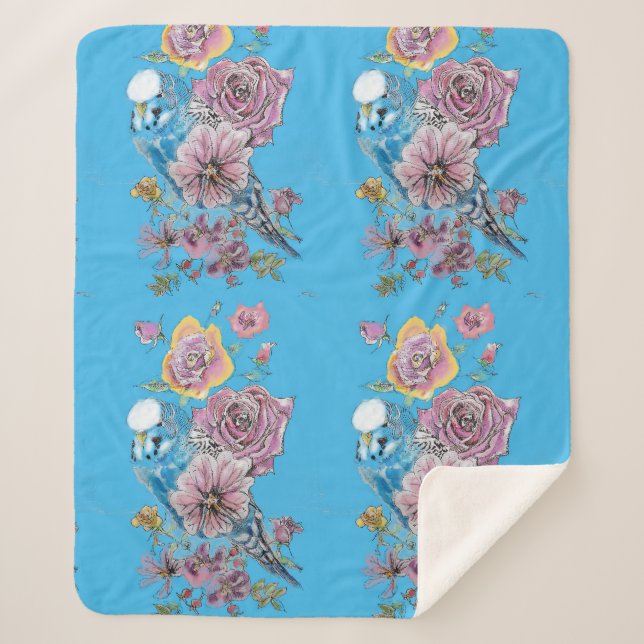 Blue Budgie Cute Whimsical Pink Blue Girls  Sherpa Blanket (Front)