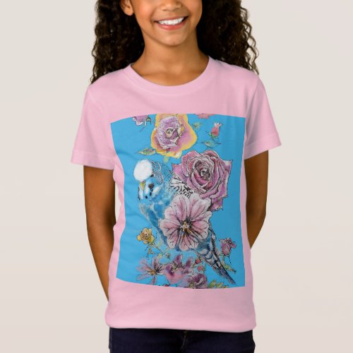 Blue Budgie Cute Whimsical Pink Blue Girls T Shirt