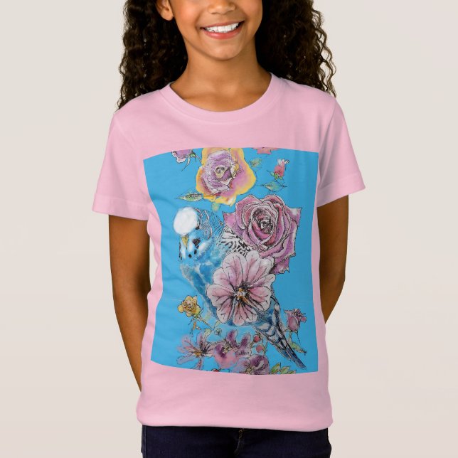 Blue Budgie Cute Whimsical Pink Blue Girls T Shirt (Front)