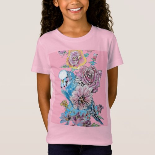 Blue Budgie Cute Whimsical Pink Girls T Shirt