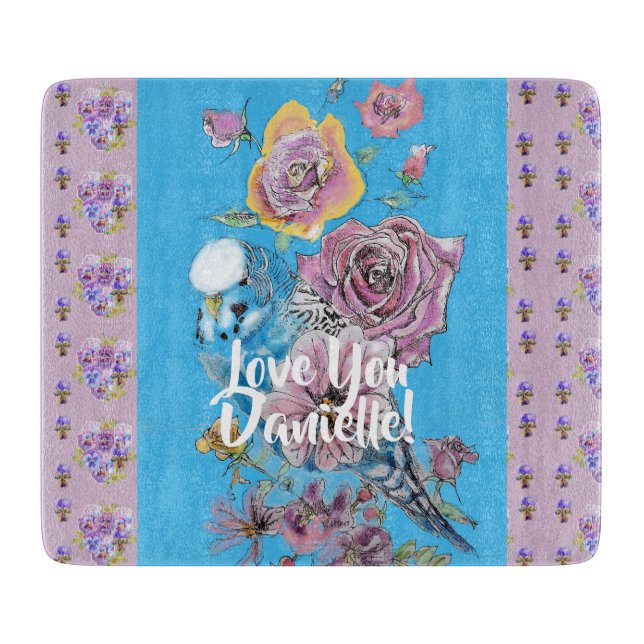 Blue Budgie floral flowers Glass Chopping Board (Front)