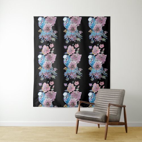 Blue Budgie Floral Pattern Black and Pink Tapestry