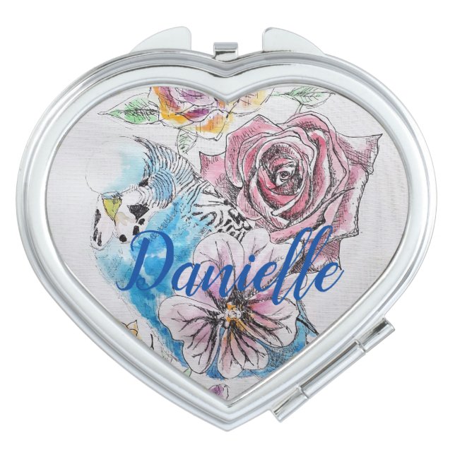 Blue Budgie floral Pink Rose Name Compact Mirror (Front)
