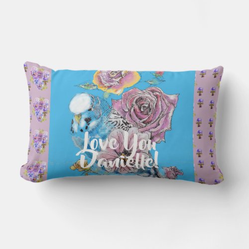 Blue Budgie lilac floral flowers Decor Cushion