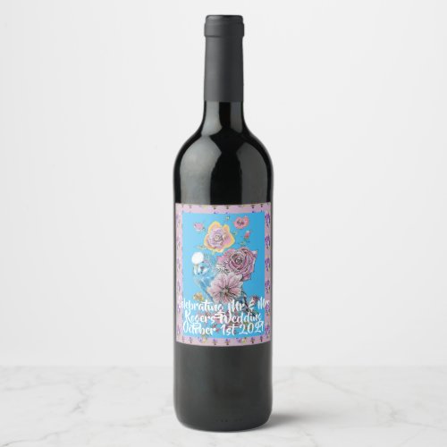 Blue Budgie Lilac floral Wedding Wine Bottle Label