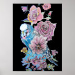 Blue Budgie Red Rose Black Watercolour art Poster<br><div class="desc">Blue Budgie & Red Rose on Black Background Watercolour art Poster. A glorious poster to compliment any decor. Designed from my original watercolor paintings,  that I painted from my own flower garden.</div>