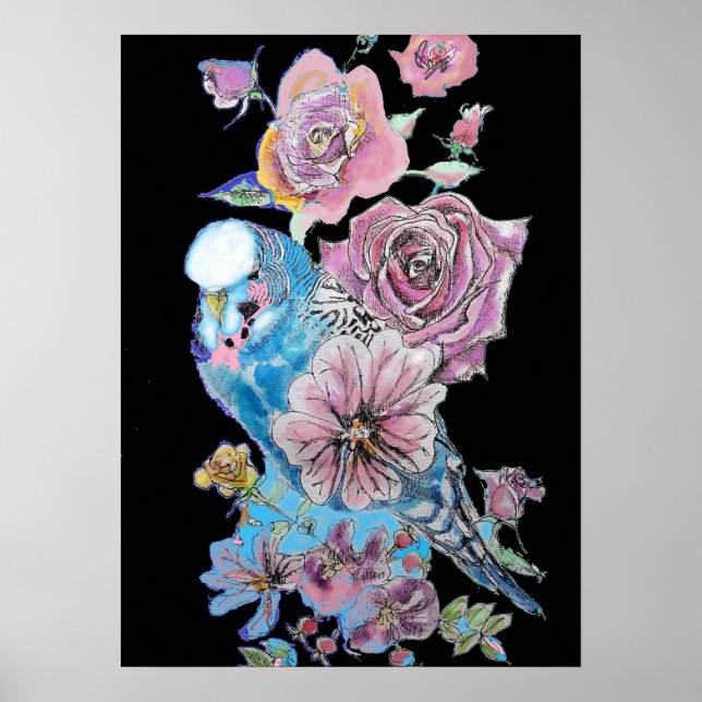 Blue Budgie Red Rose Black Watercolour art Poster (Front)